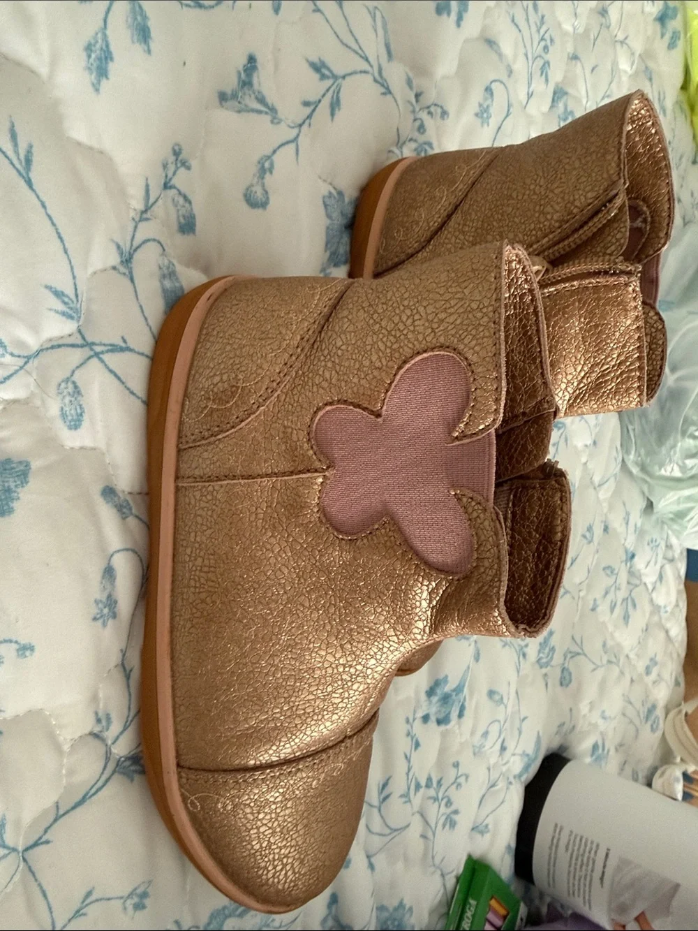 Livie & Luca Metallic Rose Gold Toddler Boots with Pink Flower